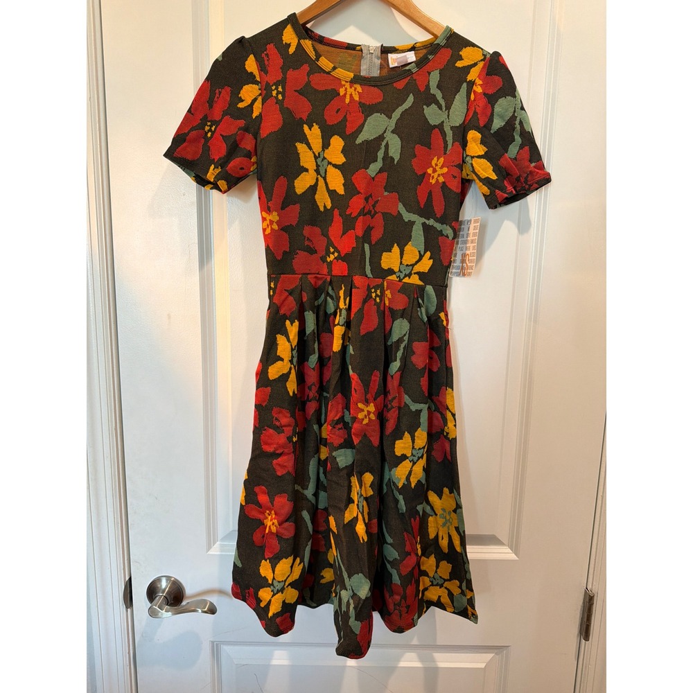 LuLaRoe Amelia Dress XS NWT Floral Jacquard Puff Sleeve Pleated Fit Flare Mini